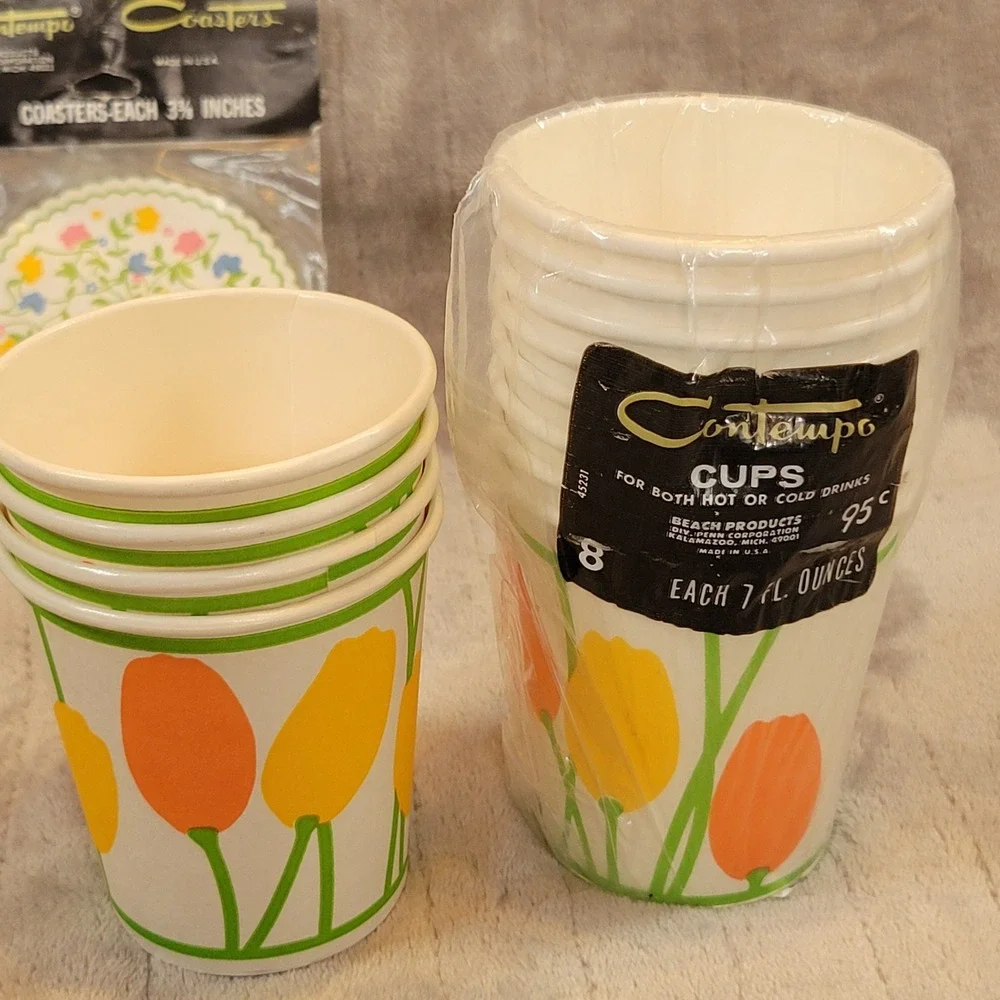 Contempo 12 Paper Cups and 12 Coasters Set VTG Floral Tulip Orange‎ Yellow USA